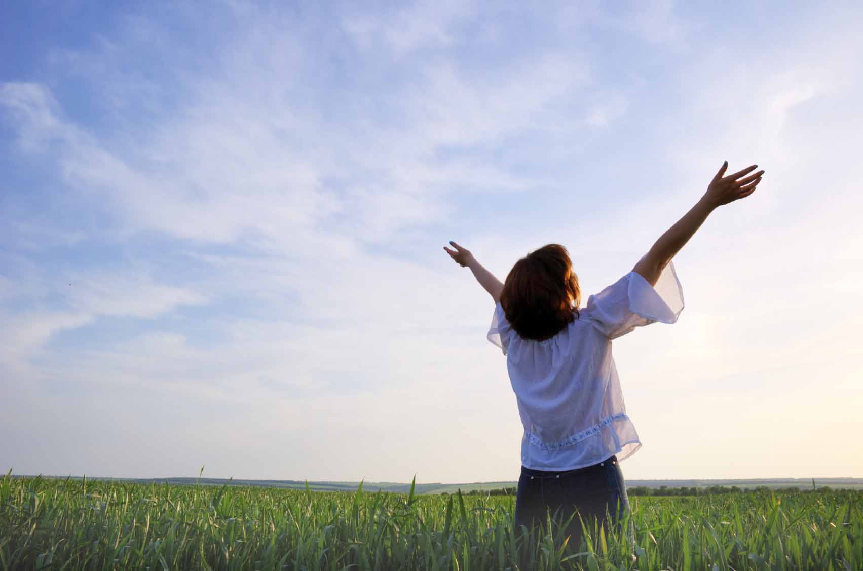 Concept - freedom. The girl photographed behind on a background of a sunset above a wheaten field